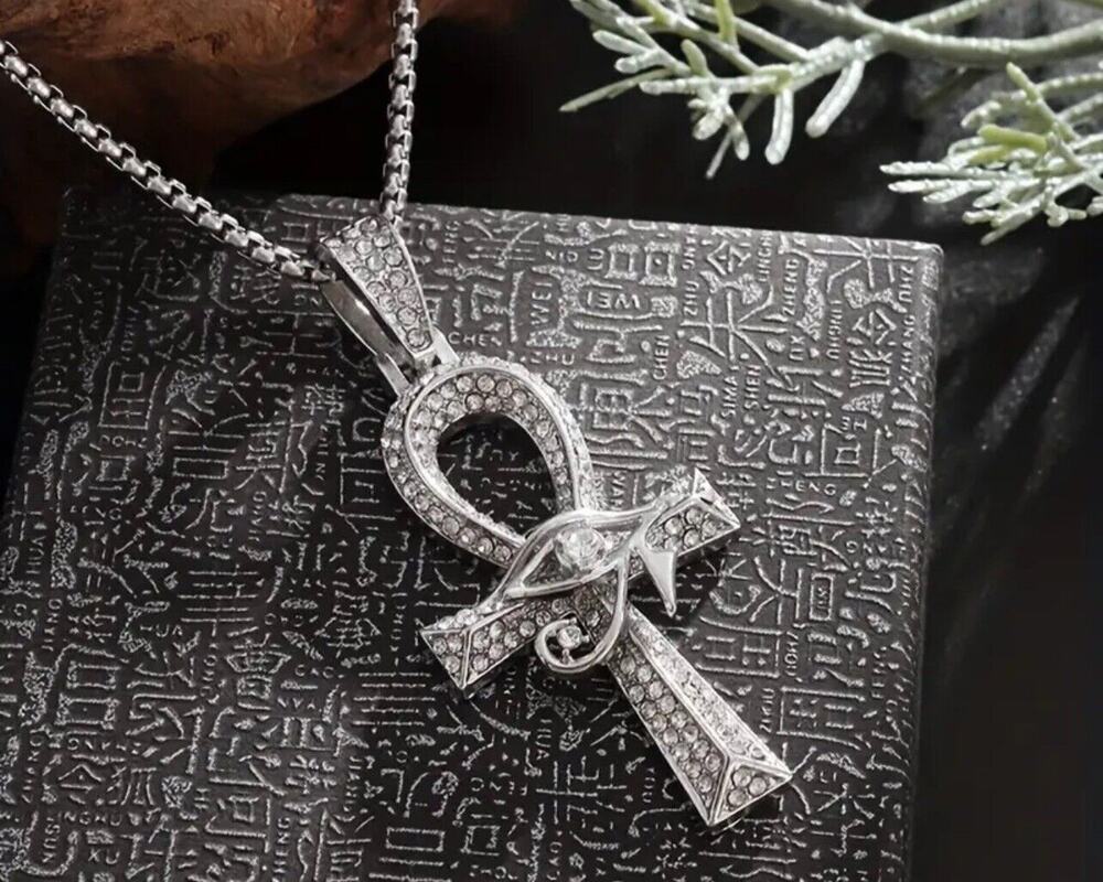 Silver Tone Crystal Ahnk Cross Necklace 23” Faith Pendant Sleek Classic NEW